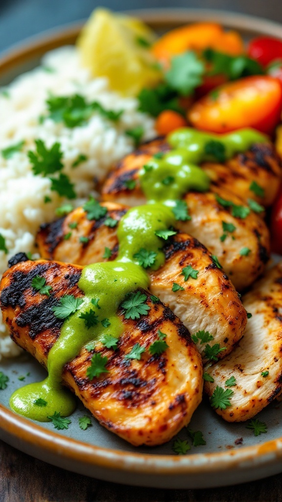 Grilled Peruvian-style chicken topped with green sauce, served with rice and vegetables.